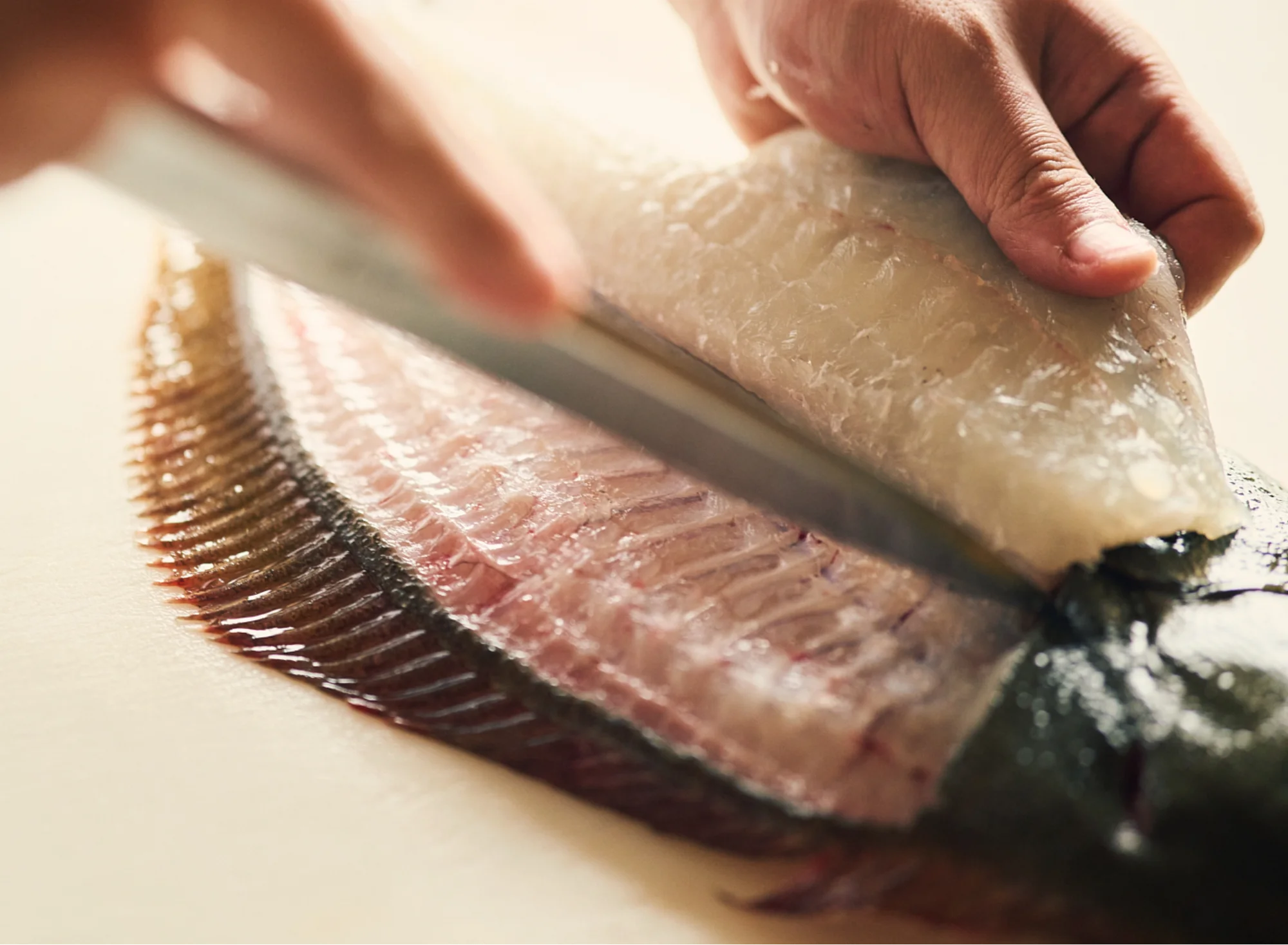 浅虫温泉 椿館の料理人が、市場直送の新鮮な魚を丁寧に捌く様子。鮮度と地産地消にこだわった夕食の仕込み風景